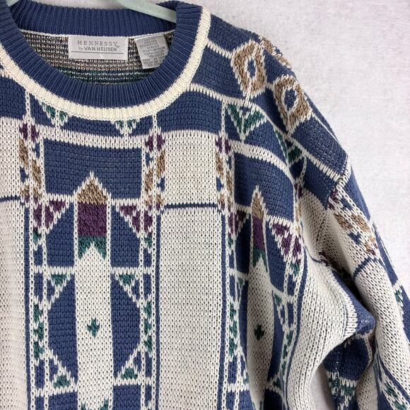 Vintage Hennessy Van Heusen Pullover Sweater Men's Medium Geometric Block Nordic - Picture 8 of 12